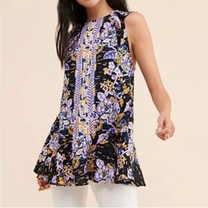 Free People Summer In Tulum linen blend tunic top in a black floral pattern